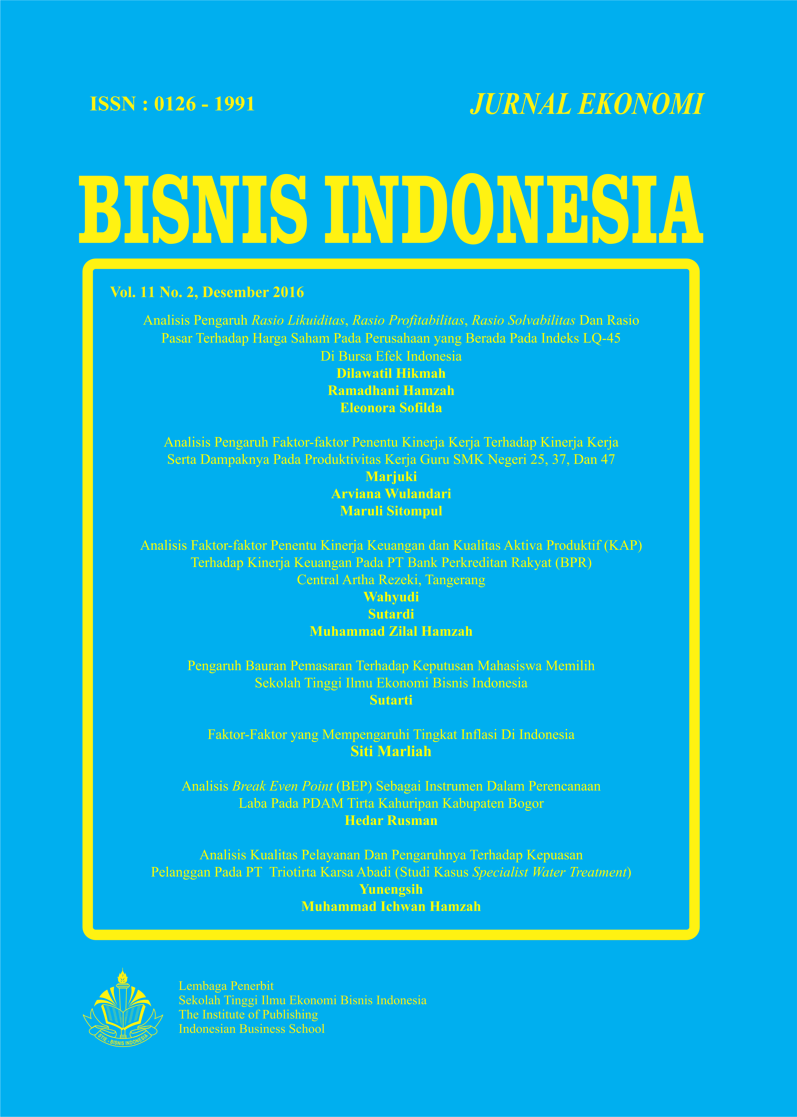 					View Vol. 11 No. 2 (2016): Jurnal Ekonomi Bisnis Indonesia
				